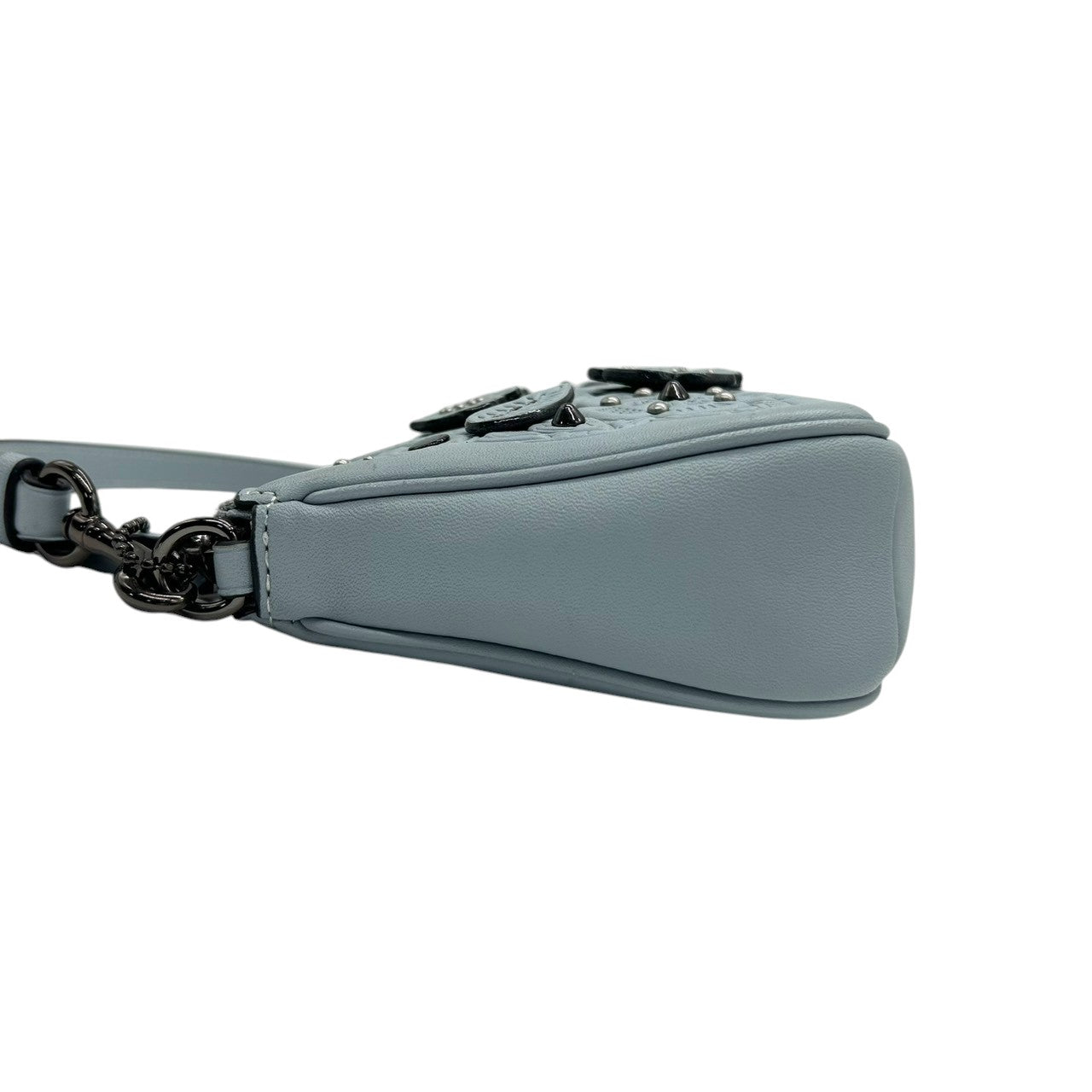 【美品】コーチ ティーローズ フローラル ハンドバッグ 12055 レザー スウェード ライトブルー アクセサリーポーチ リストレット レディース COACH 花柄 エンボス スタッズ グリッター ミニバッグ パーティバッグ s12