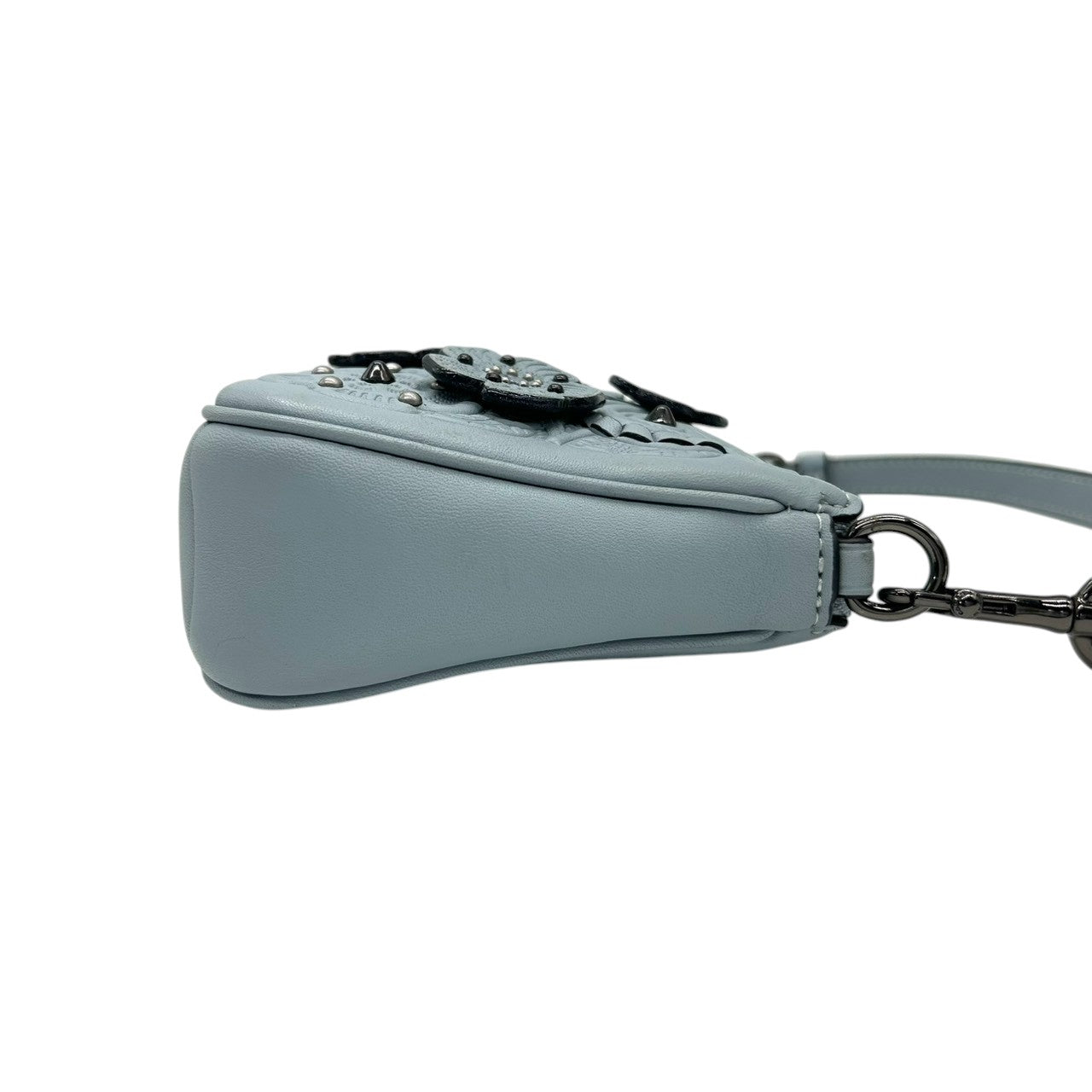 【美品】コーチ ティーローズ フローラル ハンドバッグ 12055 レザー スウェード ライトブルー アクセサリーポーチ リストレット レディース COACH 花柄 エンボス スタッズ グリッター ミニバッグ パーティバッグ s12