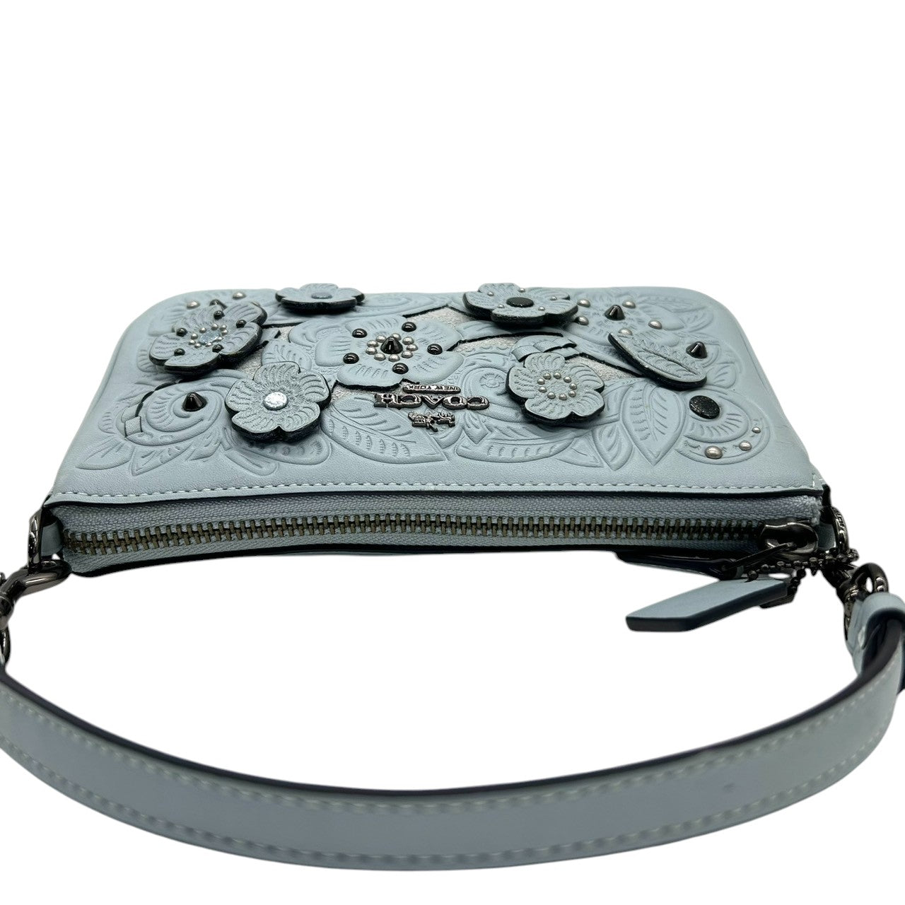 【美品】コーチ ティーローズ フローラル ハンドバッグ 12055 レザー スウェード ライトブルー アクセサリーポーチ リストレット レディース COACH 花柄 エンボス スタッズ グリッター ミニバッグ パーティバッグ s12