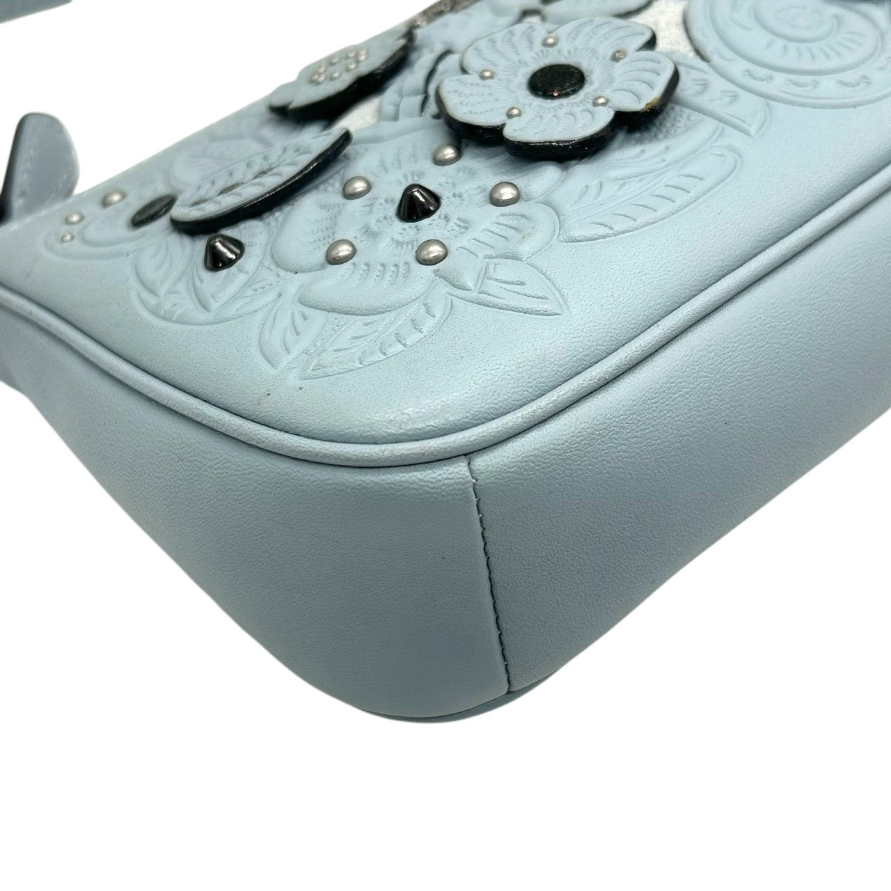 【美品】コーチ ティーローズ フローラル ハンドバッグ 12055 レザー スウェード ライトブルー アクセサリーポーチ リストレット レディース COACH 花柄 エンボス スタッズ グリッター ミニバッグ パーティバッグ s12