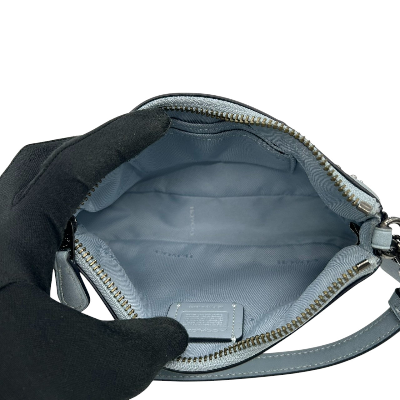 【美品】コーチ ティーローズ フローラル ハンドバッグ 12055 レザー スウェード ライトブルー アクセサリーポーチ リストレット レディース COACH 花柄 エンボス スタッズ グリッター ミニバッグ パーティバッグ s12