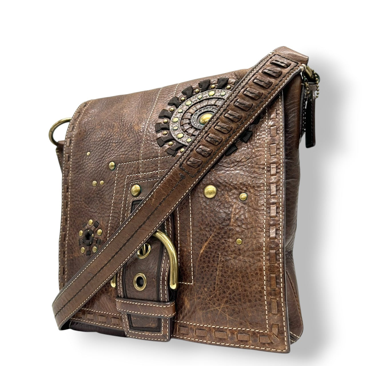 【希少】コーチ ショルダーバッグ 10065 レザー ブラウン スタッズ ビジュー ステッチ 斜め掛け可 A4収納可 メンズ レディース COACH メッセンジャーバッグ ビンテージ ウエスタンデザイン H0693-10065 s6