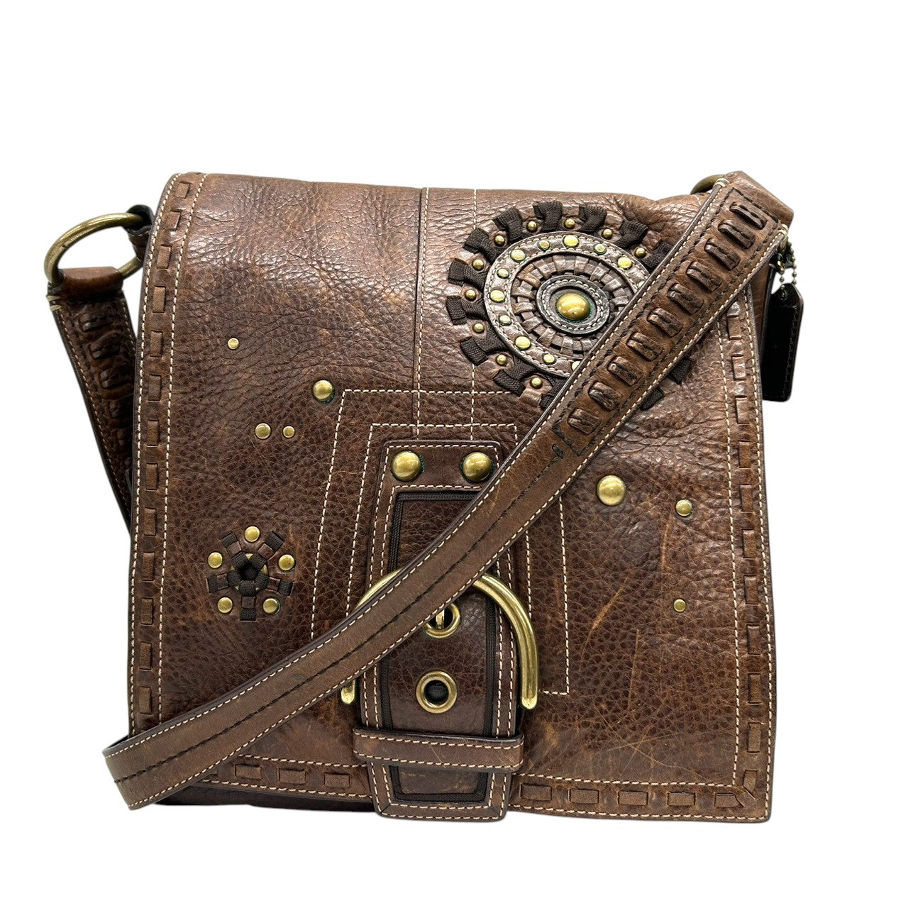 【希少】コーチ ショルダーバッグ 10065 レザー ブラウン スタッズ ビジュー ステッチ 斜め掛け可 A4収納可 メンズ レディース COACH メッセンジャーバッグ ビンテージ ウエスタンデザイン H0693-10065 s6