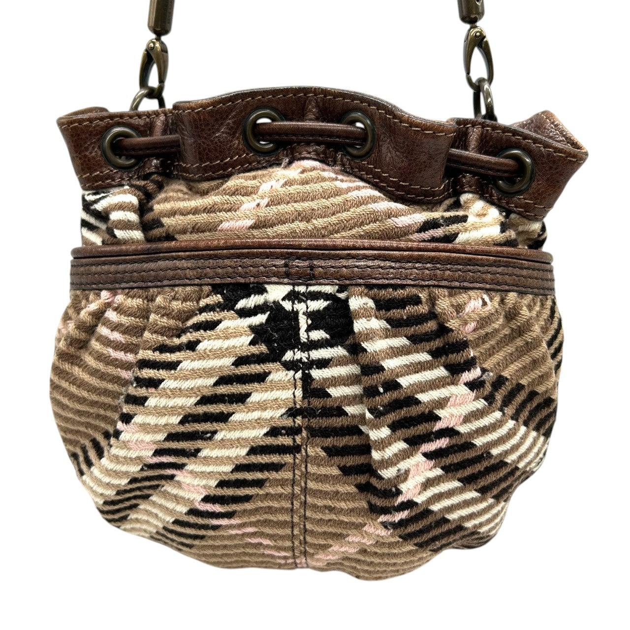 バーバリーブルーレーベル 巾着型 ショルダーバッグ ノバチェック ウール レザー ブラウン レディース BURBERRY BLUE LABEL 斜め掛け ポシェット ミニバッグ ドローストリング クラシックデザイン 人気モデル E10