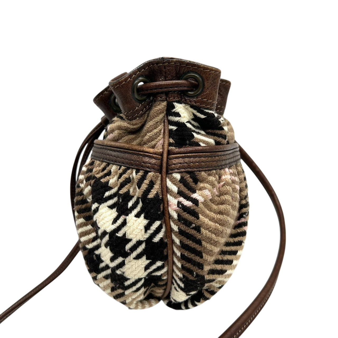 バーバリーブルーレーベル 巾着型 ショルダーバッグ ノバチェック ウール レザー ブラウン レディース BURBERRY BLUE LABEL 斜め掛け ポシェット ミニバッグ ドローストリング クラシックデザイン 人気モデル E10