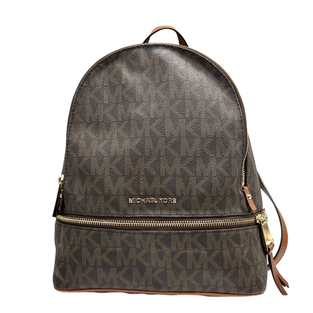 【美品】マイケルコース リアジップ ミディアム バックパック シグネチャー MK柄 リュックサック PVC レザー ブラウン レディース MICHAEL KORS RHEA ZIP 通勤 通学 コンパクトデザイン 人気モデル E10