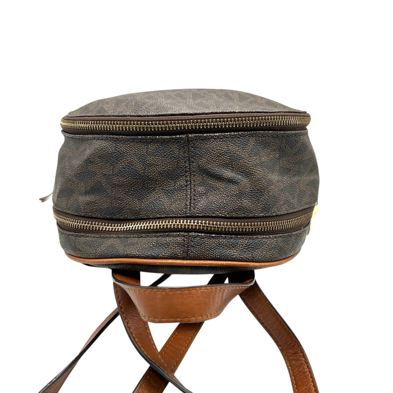 【美品】マイケルコース リアジップ ミディアム バックパック シグネチャー MK柄 リュックサック PVC レザー ブラウン レディース MICHAEL KORS RHEA ZIP 通勤 通学 コンパクトデザイン 人気モデル E10