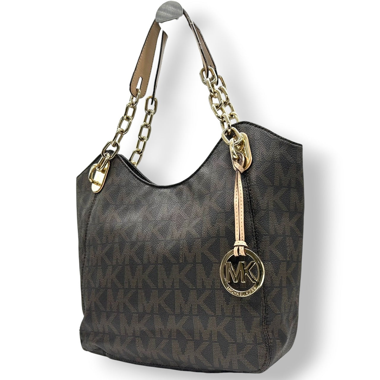 マイケルコース シグネチャー ワンショルダーバッグ PVC レザー ブラウン ゴールドチェーン MKチャーム 肩掛け レディース MICHAEL KORS ホーボーバッグ エレガント 通勤通学 フェミニン 人気モデル E10