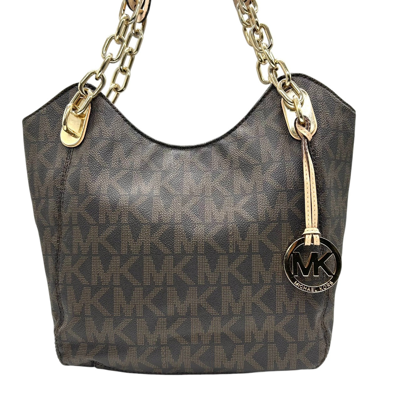 マイケルコース シグネチャー ワンショルダーバッグ PVC レザー ブラウン ゴールドチェーン MKチャーム 肩掛け レディース MICHAEL KORS ホーボーバッグ エレガント 通勤通学 フェミニン 人気モデル E10