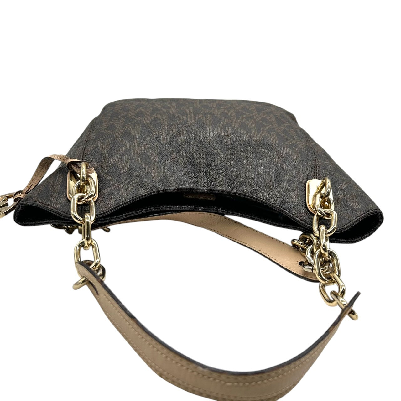 マイケルコース シグネチャー ワンショルダーバッグ PVC レザー ブラウン ゴールドチェーン MKチャーム 肩掛け レディース MICHAEL KORS ホーボーバッグ エレガント 通勤通学 フェミニン 人気モデル E10