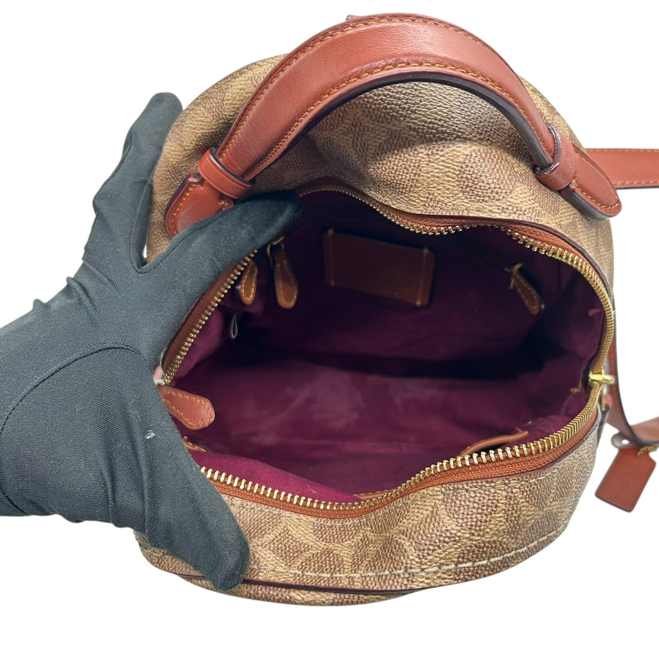 【美品】コーチ アカデミー バックパック シグネチャー 32715 リュックサック PVC レザー ブラウン レディース COACH コンパクト クラシックデザイン ターンロック A1977-32715 レトロ デイパック s6