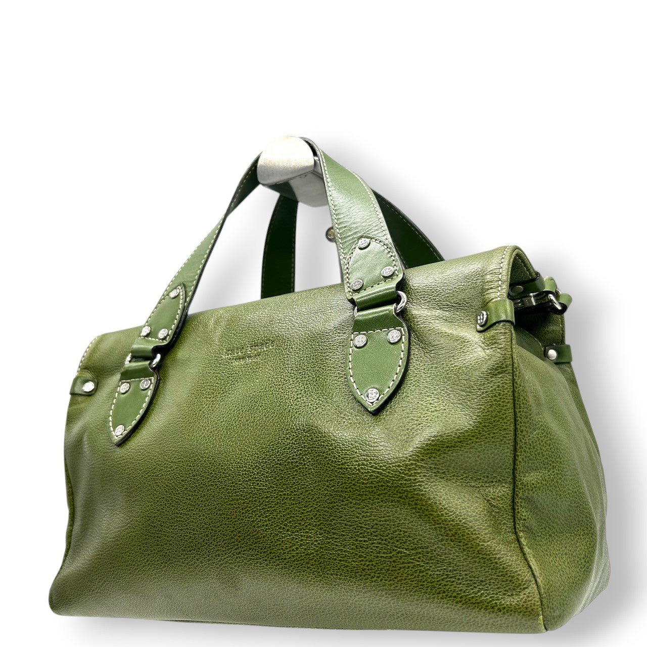 【美品】ケイトスペード レザー ハンドバッグ ミニボストンバッグ グリーン系 ラインストーン レディース kate spade new york エレガント クラシック シボ革 本革 肩掛け 自立可 上品なデザイン s84