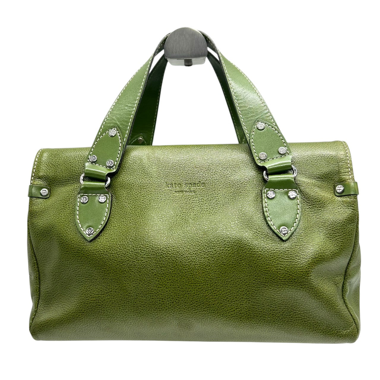 【美品】ケイトスペード レザー ハンドバッグ ミニボストンバッグ グリーン系 ラインストーン レディース kate spade new york エレガント クラシック シボ革 本革 肩掛け 自立可 上品なデザイン s84