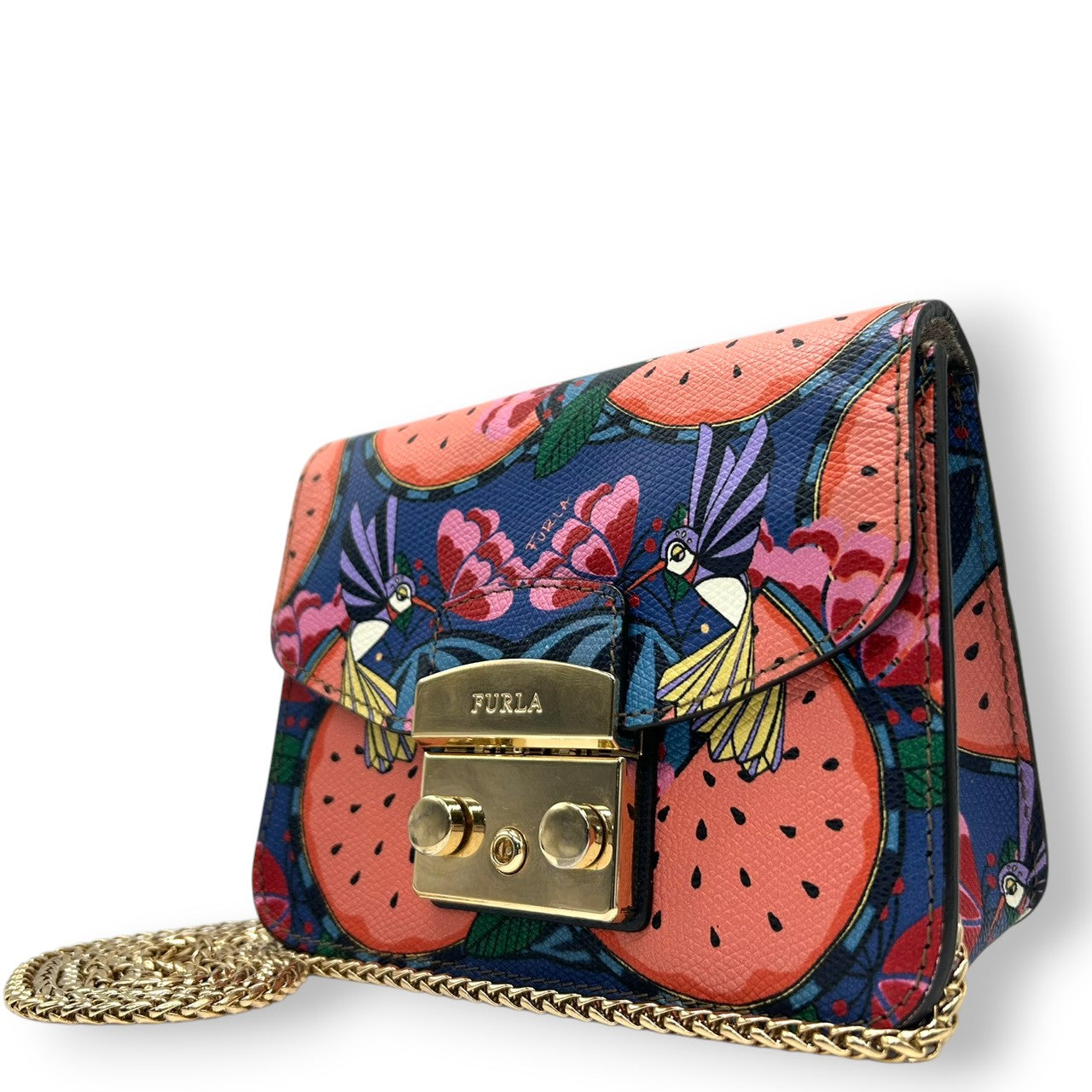 【美品】フルラ メトロポリス チェーンショルダーバッグ PVC 総柄 スイカ 鳥 マルチカラー レディース FURLA METROPOLIS 斜め掛け可 ポシェット ミニバッグ 限定 希少デザイン ゴールド金具 s30