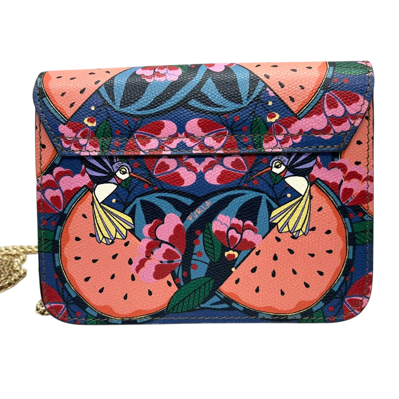 【美品】フルラ メトロポリス チェーンショルダーバッグ PVC 総柄 スイカ 鳥 マルチカラー レディース FURLA METROPOLIS 斜め掛け可 ポシェット ミニバッグ 限定 希少デザイン ゴールド金具 s30