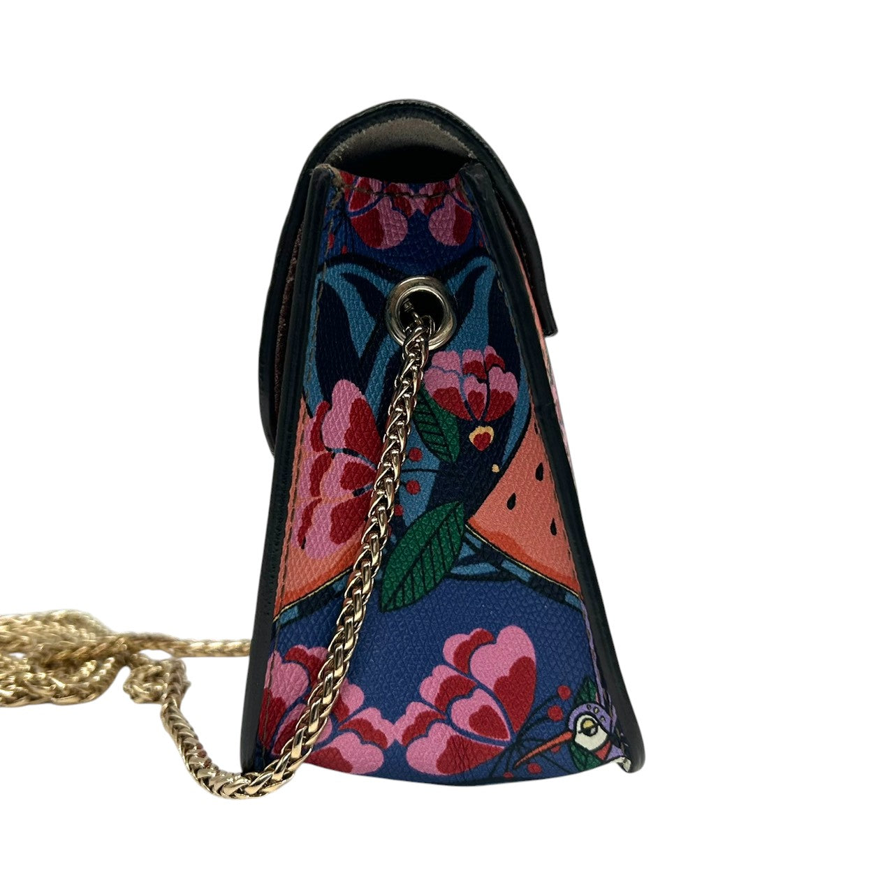 【美品】フルラ メトロポリス チェーンショルダーバッグ PVC 総柄 スイカ 鳥 マルチカラー レディース FURLA METROPOLIS 斜め掛け可 ポシェット ミニバッグ 限定 希少デザイン ゴールド金具 s30