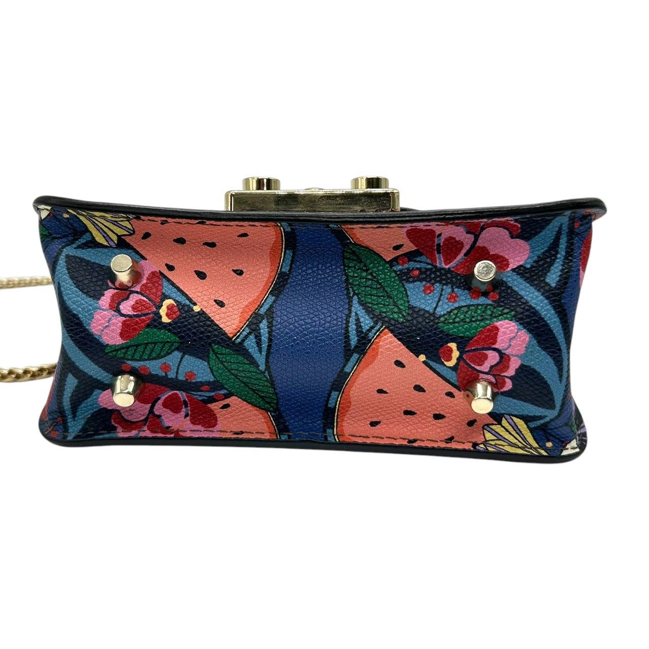【美品】フルラ メトロポリス チェーンショルダーバッグ PVC 総柄 スイカ 鳥 マルチカラー レディース FURLA METROPOLIS 斜め掛け可 ポシェット ミニバッグ 限定 希少デザイン ゴールド金具 s30