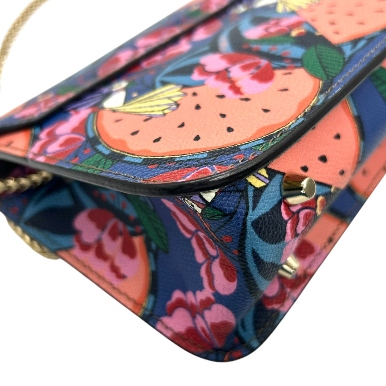 【美品】フルラ メトロポリス チェーンショルダーバッグ PVC 総柄 スイカ 鳥 マルチカラー レディース FURLA METROPOLIS 斜め掛け可 ポシェット ミニバッグ 限定 希少デザイン ゴールド金具 s30