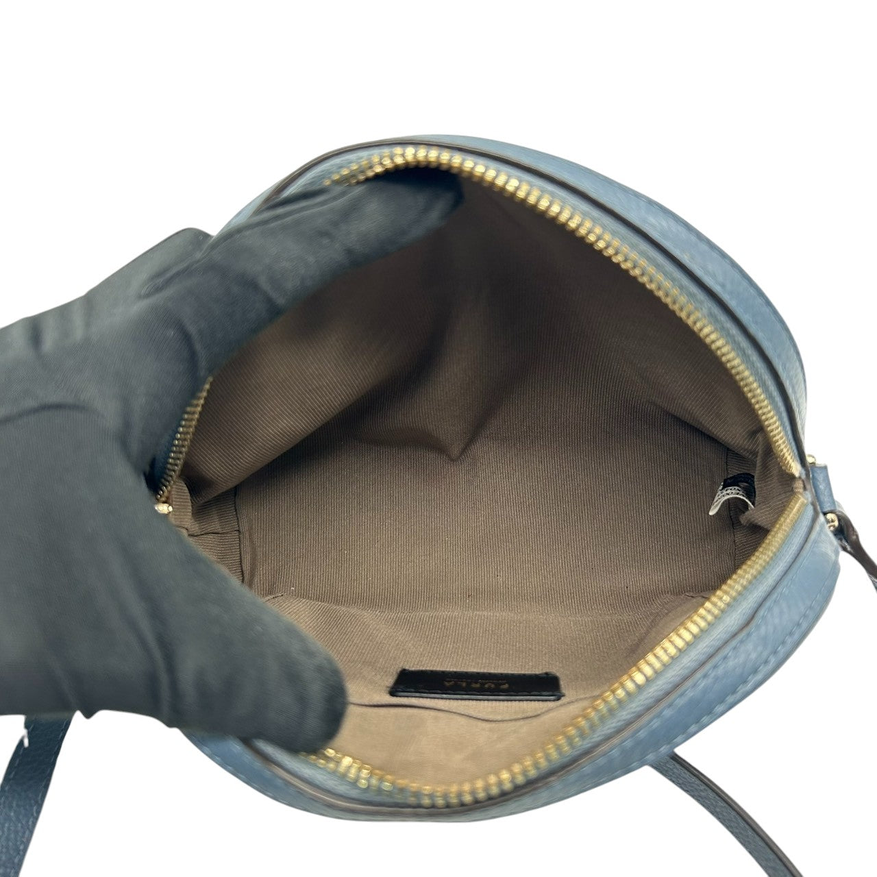 フルラ アヴリル ショルダーバッグ カメラバッグ レザー ブルー レディース FURLA AVRIL 斜め掛け可 クロスボディ ポシェット ミニバッグ コンパクト Fロゴ アーチロゴ ドーム型 人気モデル くすみブルー s30