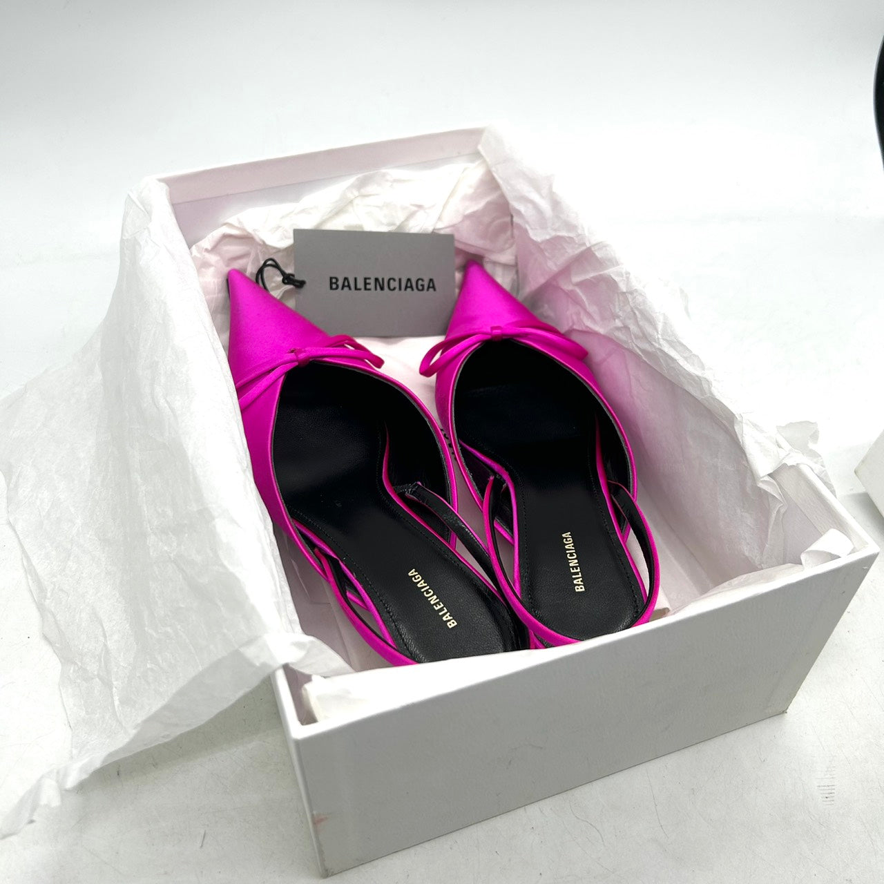 【未使用】バレンシアガ ナイフ リボン パンプス ミュール バックストラップ スリングバック ポインテッドトゥ サテン ピンク 36 23cm レディース 箱 保存袋 タグ付き キトゥンヒール エレガント モード パーティ CT1
