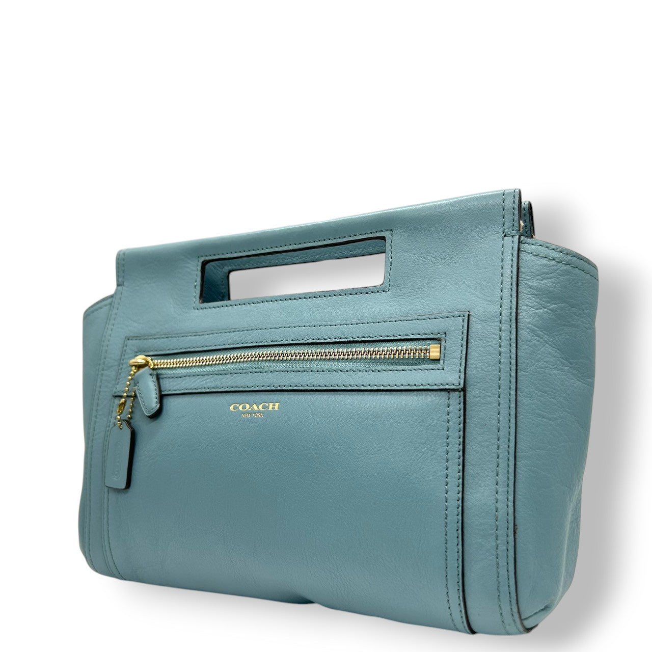 【美品】コーチ COACH ハンドバッグ クラッチバッグ 2WAY カットアウトハンドル レザー 本革 くすみブルー 水色 ライトブルー ゴールド金具 ロゴ レディース エレガント フェミニン パーティ カジュアル s97