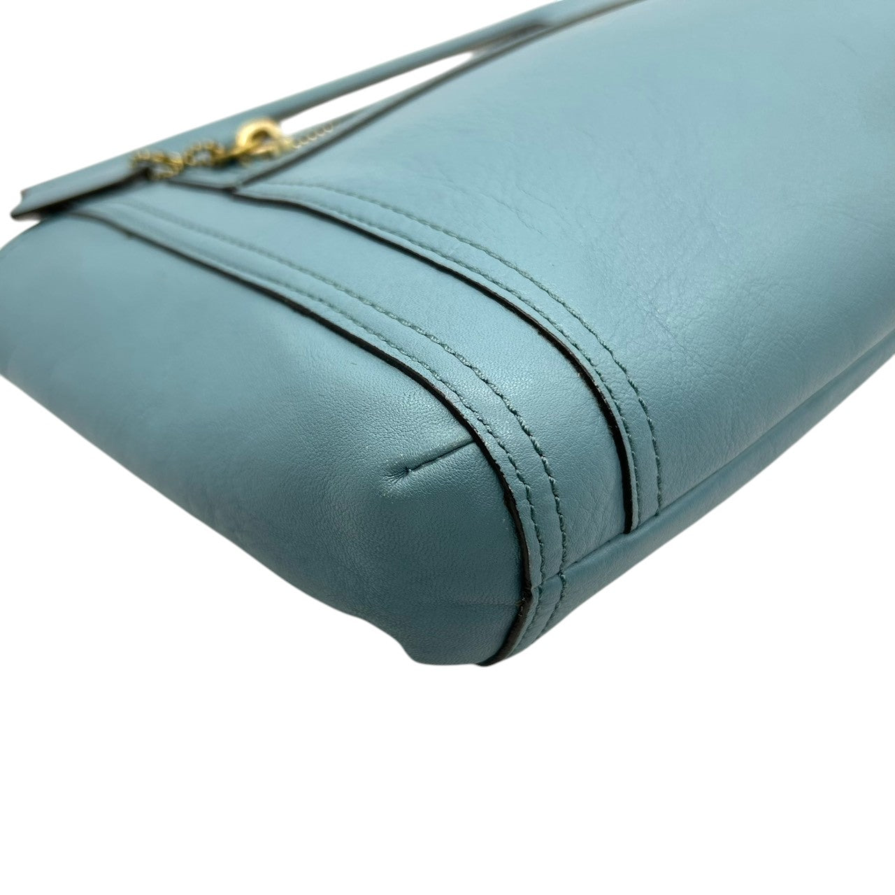 【美品】コーチ COACH ハンドバッグ クラッチバッグ 2WAY カットアウトハンドル レザー 本革 くすみブルー 水色 ライトブルー ゴールド金具 ロゴ レディース エレガント フェミニン パーティ カジュアル s97