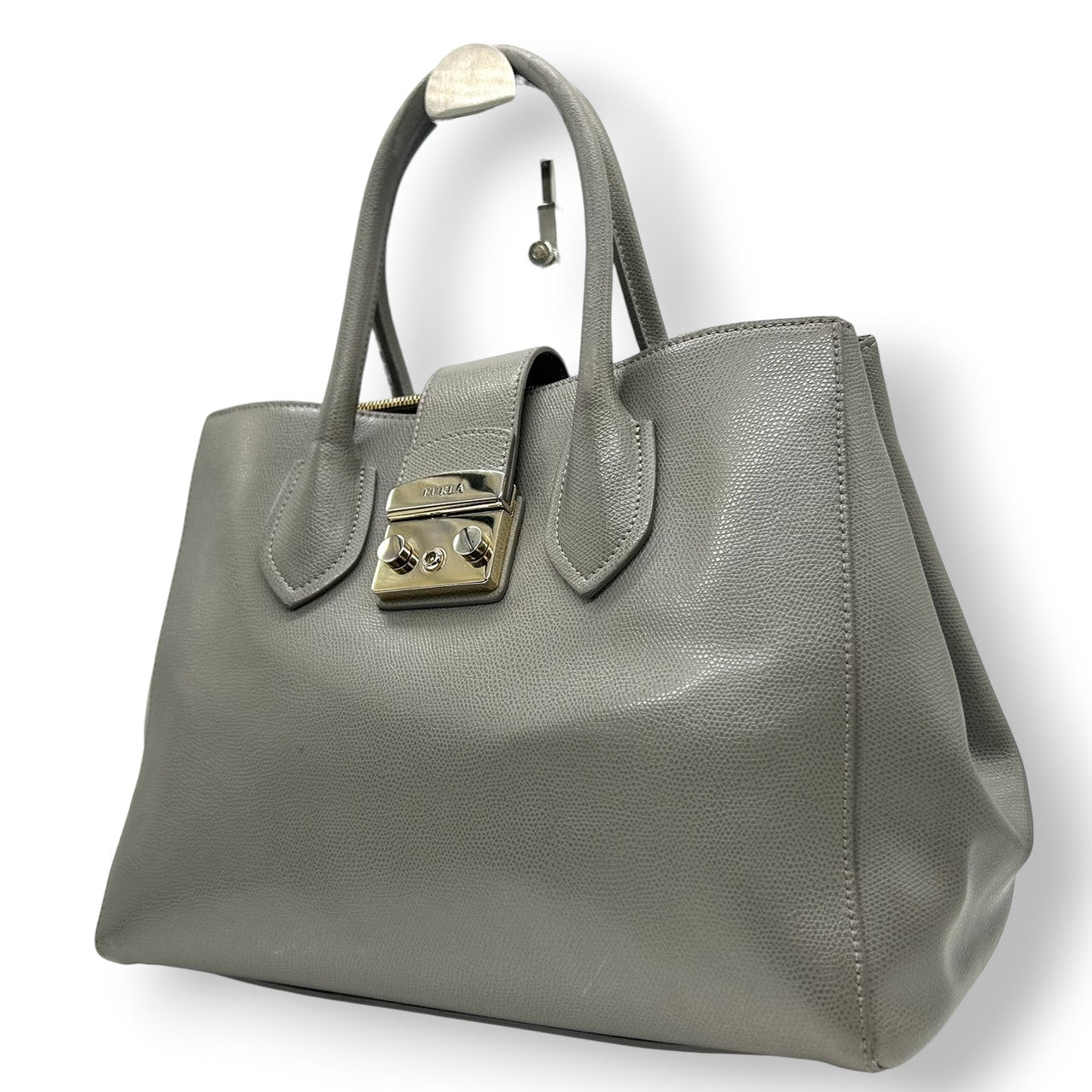 【美品】フルラ FURLA テッサ TESSA ハンドバッグ トートバッグ 自立可 A4収納可 レザー 本革 サフィアーノ グレー シルバー金具 プッシュロック レディース 通勤 通学 ビジネス フォーマル エレガント s70