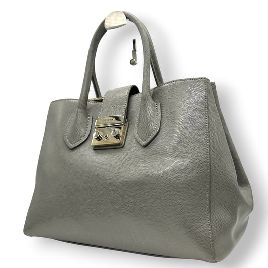 【美品】フルラ FURLA テッサ TESSA ハンドバッグ トートバッグ 自立可 A4収納可 レザー 本革 サフィアーノ グレー シルバー金具 プッシュロック レディース 通勤 通学 ビジネス フォーマル エレガント s70