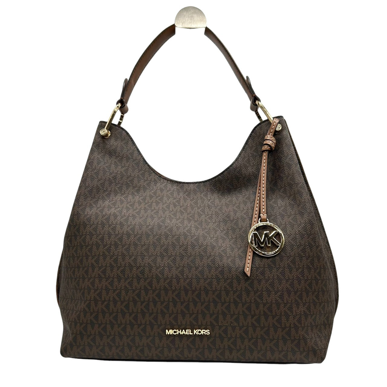 【未使用級/美品】マイケルコース ショルダーバッグ ワンショルダー ホーボーバッグ シグネチャー MKロゴチャーム PVC レザー ブラウン A4 大容量 自立可 レディース 通勤 通学 エレガント カジュアル s80