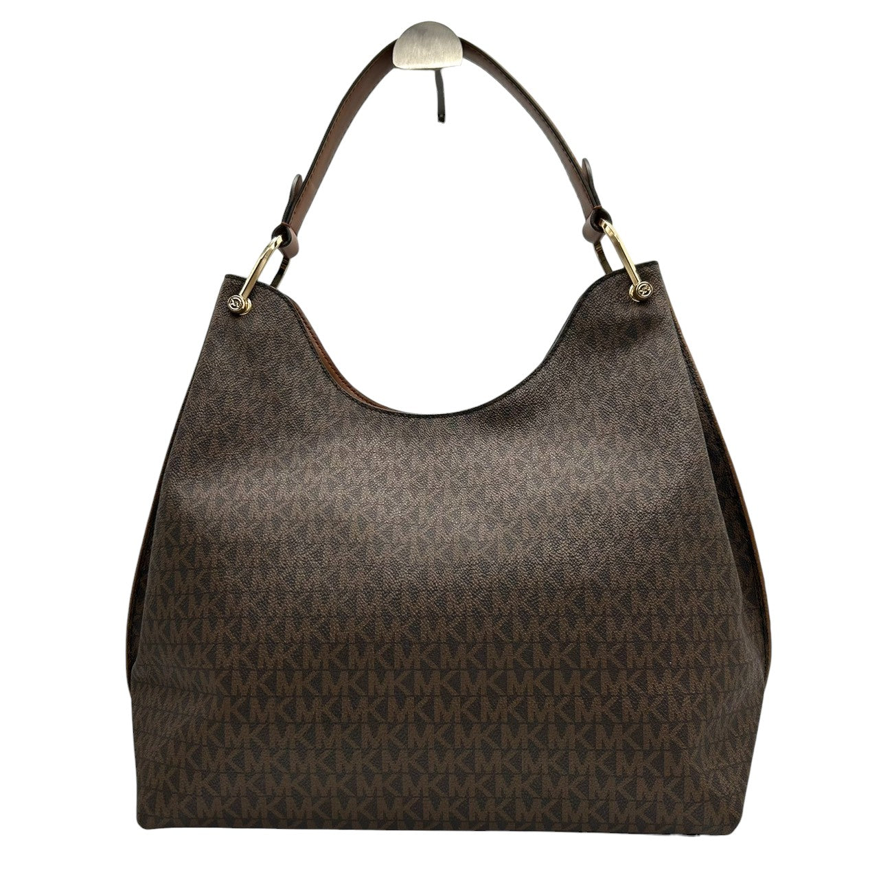 【未使用級/美品】マイケルコース ショルダーバッグ ワンショルダー ホーボーバッグ シグネチャー MKロゴチャーム PVC レザー ブラウン A4 大容量 自立可 レディース 通勤 通学 エレガント カジュアル s80