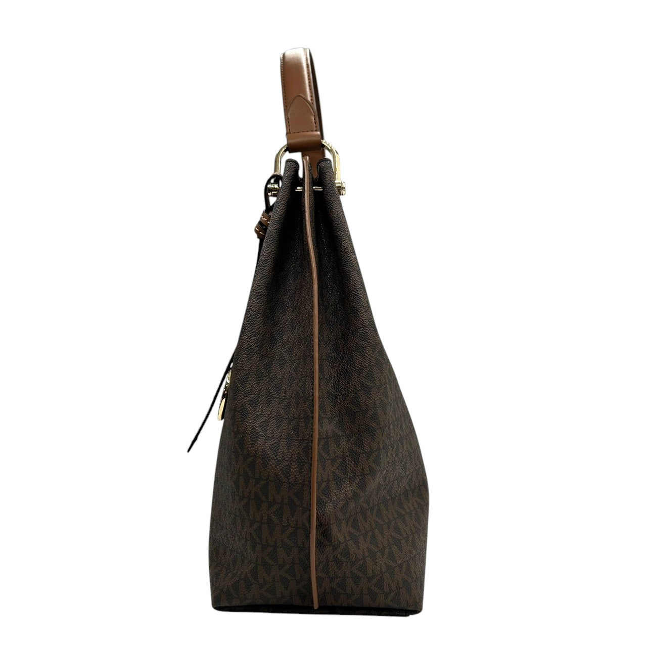 【未使用級/美品】マイケルコース ショルダーバッグ ワンショルダー ホーボーバッグ シグネチャー MKロゴチャーム PVC レザー ブラウン A4 大容量 自立可 レディース 通勤 通学 エレガント カジュアル s80