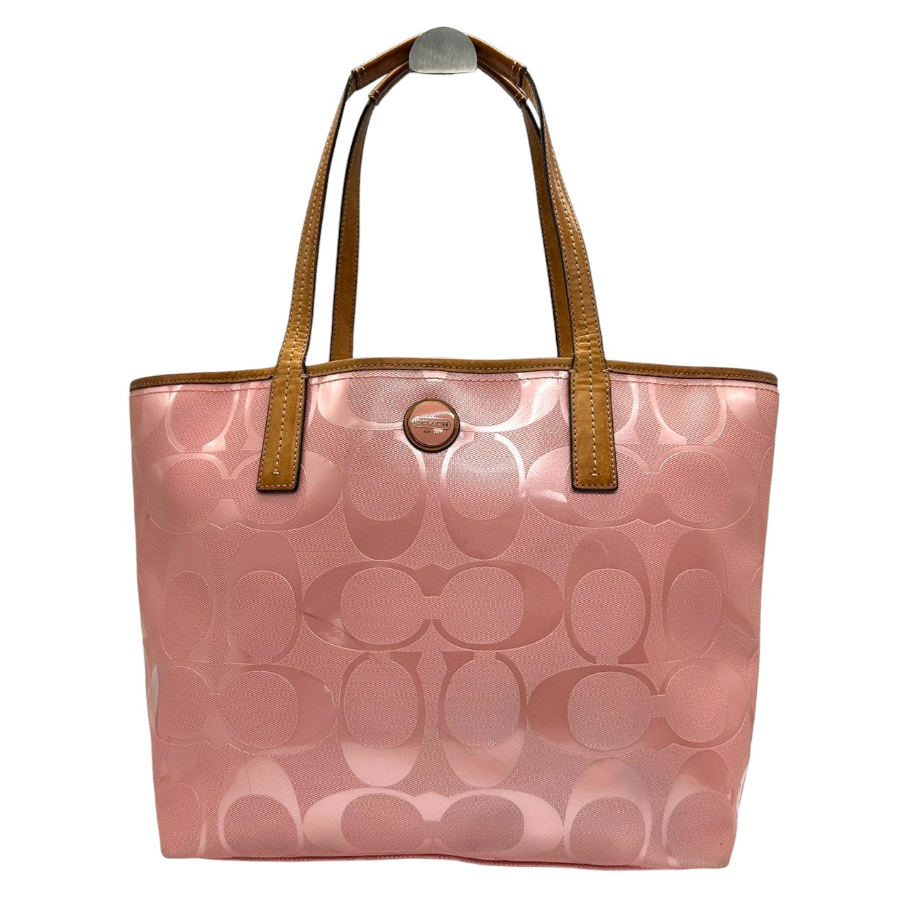 【美品】コーチ トートバッグ ハンドバッグ ワンショルダー F23621 A4収納可 シグネチャー PVC パテント レザー ピンク ブラウン レディース 大容量 軽量 通勤 通学 カジュアル フェミニン かわいい s80トートバッグ