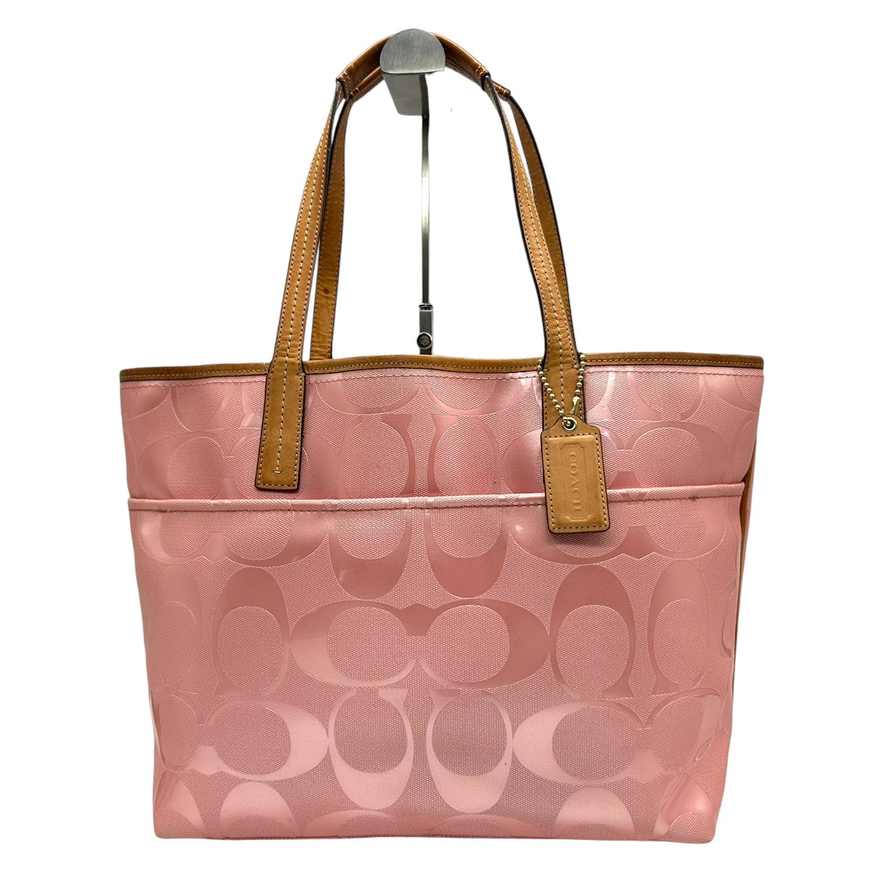 【美品】コーチ トートバッグ ハンドバッグ ワンショルダー F23621 A4収納可 シグネチャー PVC パテント レザー ピンク ブラウン レディース 大容量 軽量 通勤 通学 カジュアル フェミニン かわいい s80トートバッグ