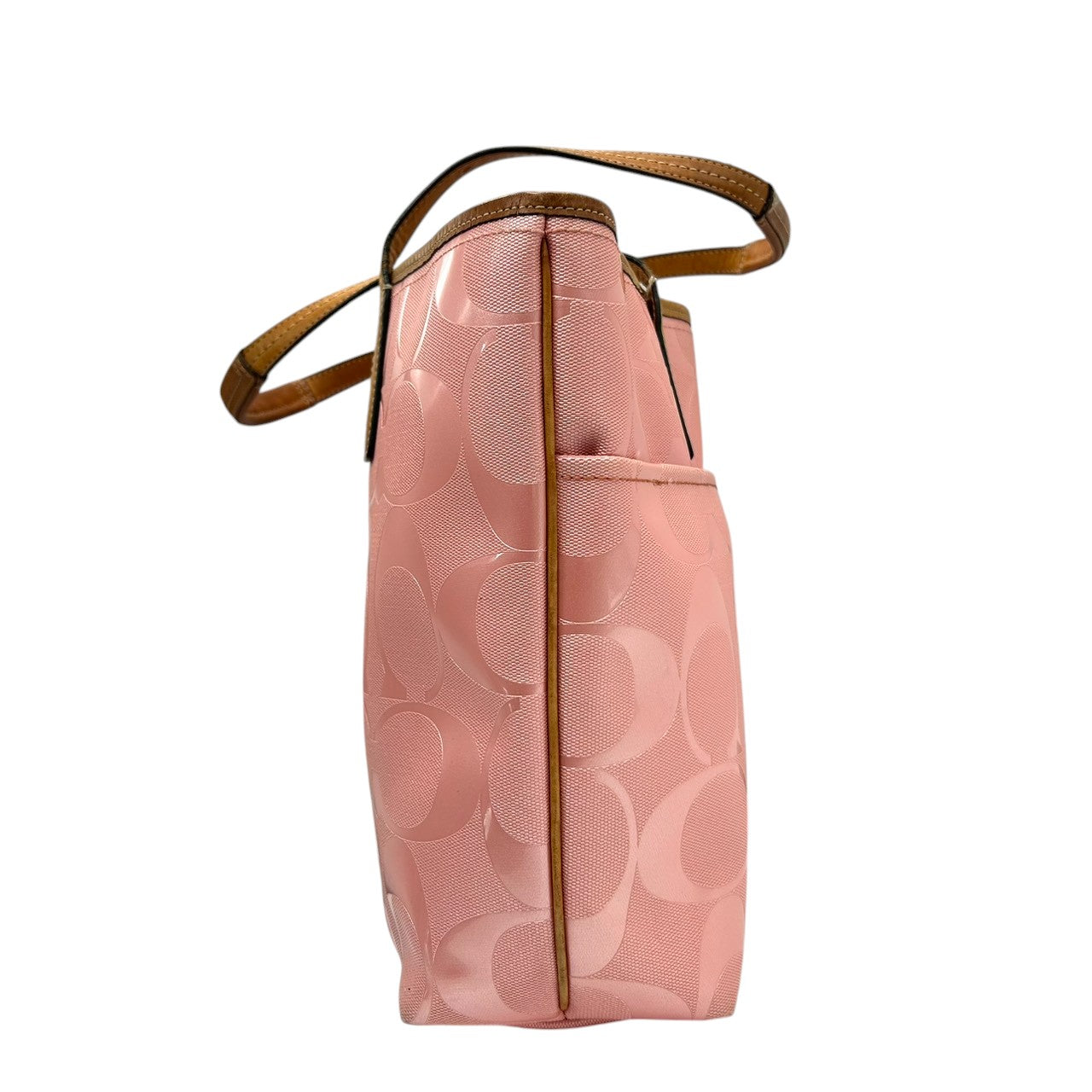 【美品】コーチ トートバッグ ハンドバッグ ワンショルダー F23621 A4収納可 シグネチャー PVC パテント レザー ピンク ブラウン レディース 大容量 軽量 通勤 通学 カジュアル フェミニン かわいい s80トートバッグ