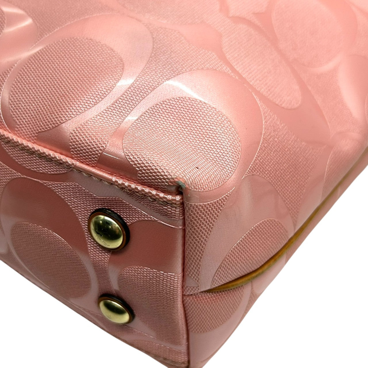 【美品】コーチ トートバッグ ハンドバッグ ワンショルダー F23621 A4収納可 シグネチャー PVC パテント レザー ピンク ブラウン レディース 大容量 軽量 通勤 通学 カジュアル フェミニン かわいい s80トートバッグ