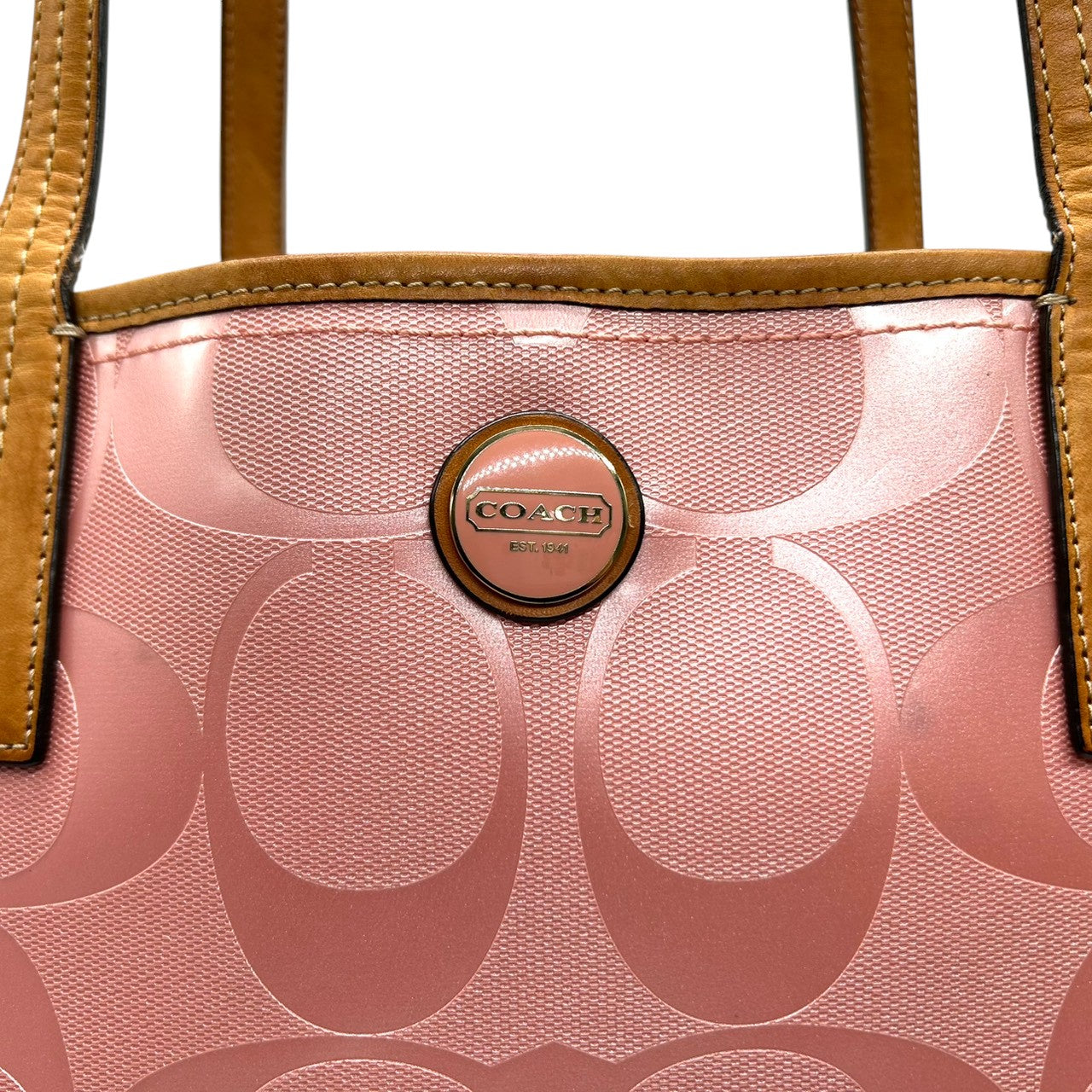 【美品】コーチ トートバッグ ハンドバッグ ワンショルダー F23621 A4収納可 シグネチャー PVC パテント レザー ピンク ブラウン レディース 大容量 軽量 通勤 通学 カジュアル フェミニン かわいい s80トートバッグ
