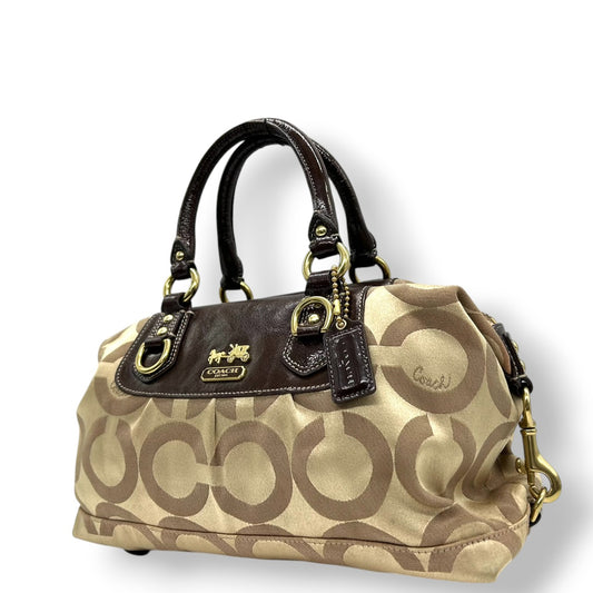 コーチ COACH ハンドバッグ ミニボストン サッチェル シグネチャー オプアート キャンバス パテント レザー ブラウン ベージュ レディース ゴールド金具 ロゴ エレガント フェミニン クラシック コンパクト s80