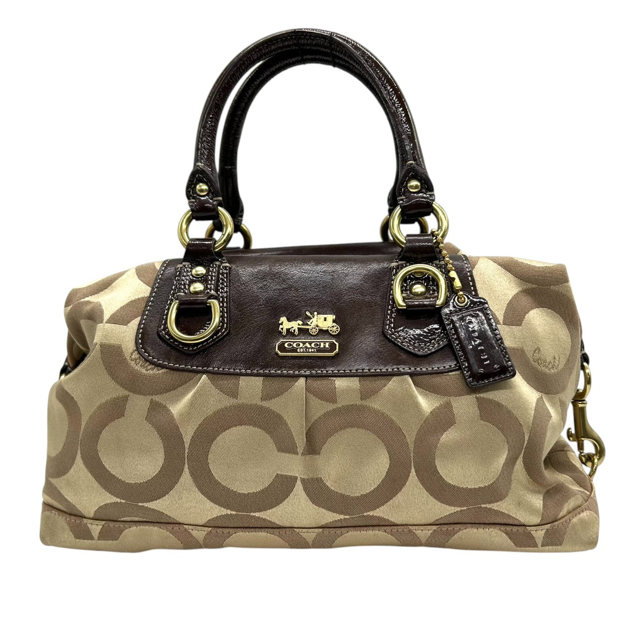 コーチ COACH ハンドバッグ ミニボストン サッチェル シグネチャー オプアート キャンバス パテント レザー ブラウン ベージュ レディース ゴールド金具 ロゴ エレガント フェミニン クラシック コンパクト s80