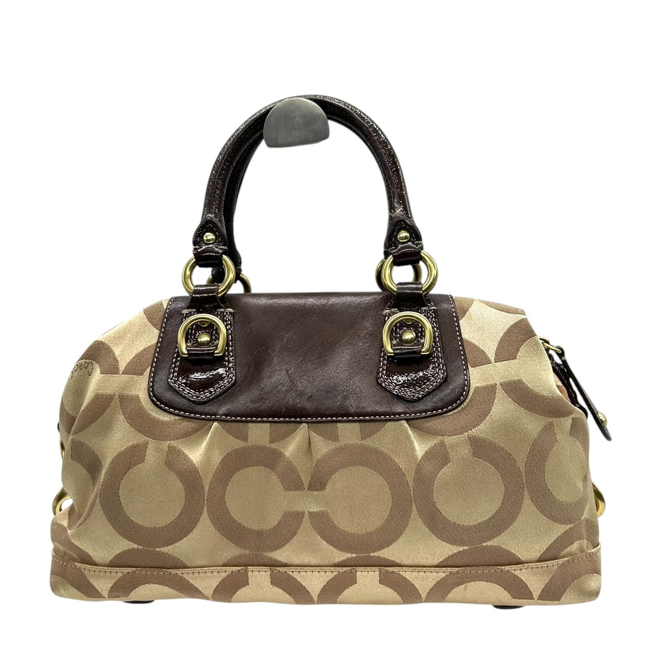 コーチ COACH ハンドバッグ ミニボストン サッチェル シグネチャー オプアート キャンバス パテント レザー ブラウン ベージュ レディース ゴールド金具 ロゴ エレガント フェミニン クラシック コンパクト s80