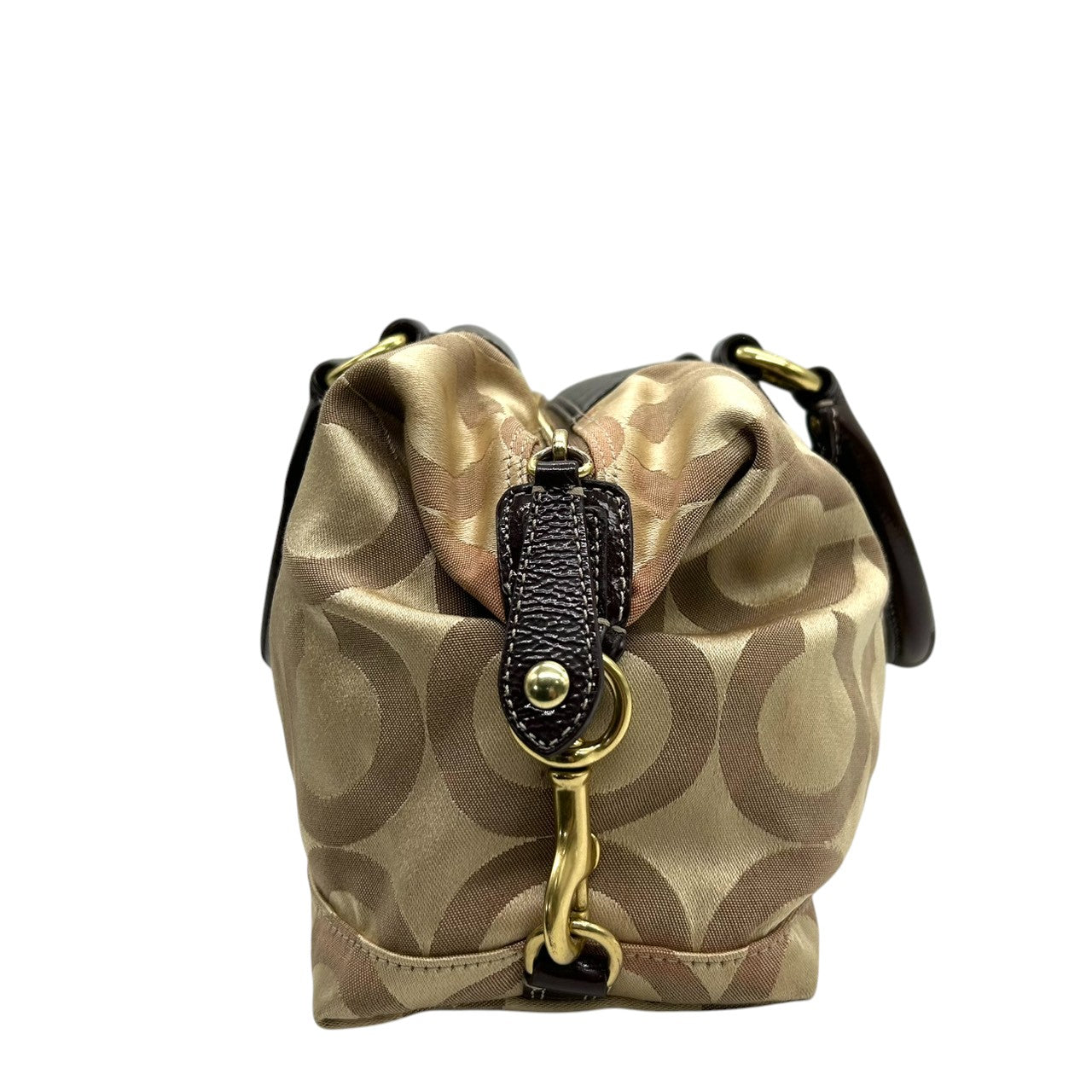 コーチ COACH ハンドバッグ ミニボストン サッチェル シグネチャー オプアート キャンバス パテント レザー ブラウン ベージュ レディース ゴールド金具 ロゴ エレガント フェミニン クラシック コンパクト s80