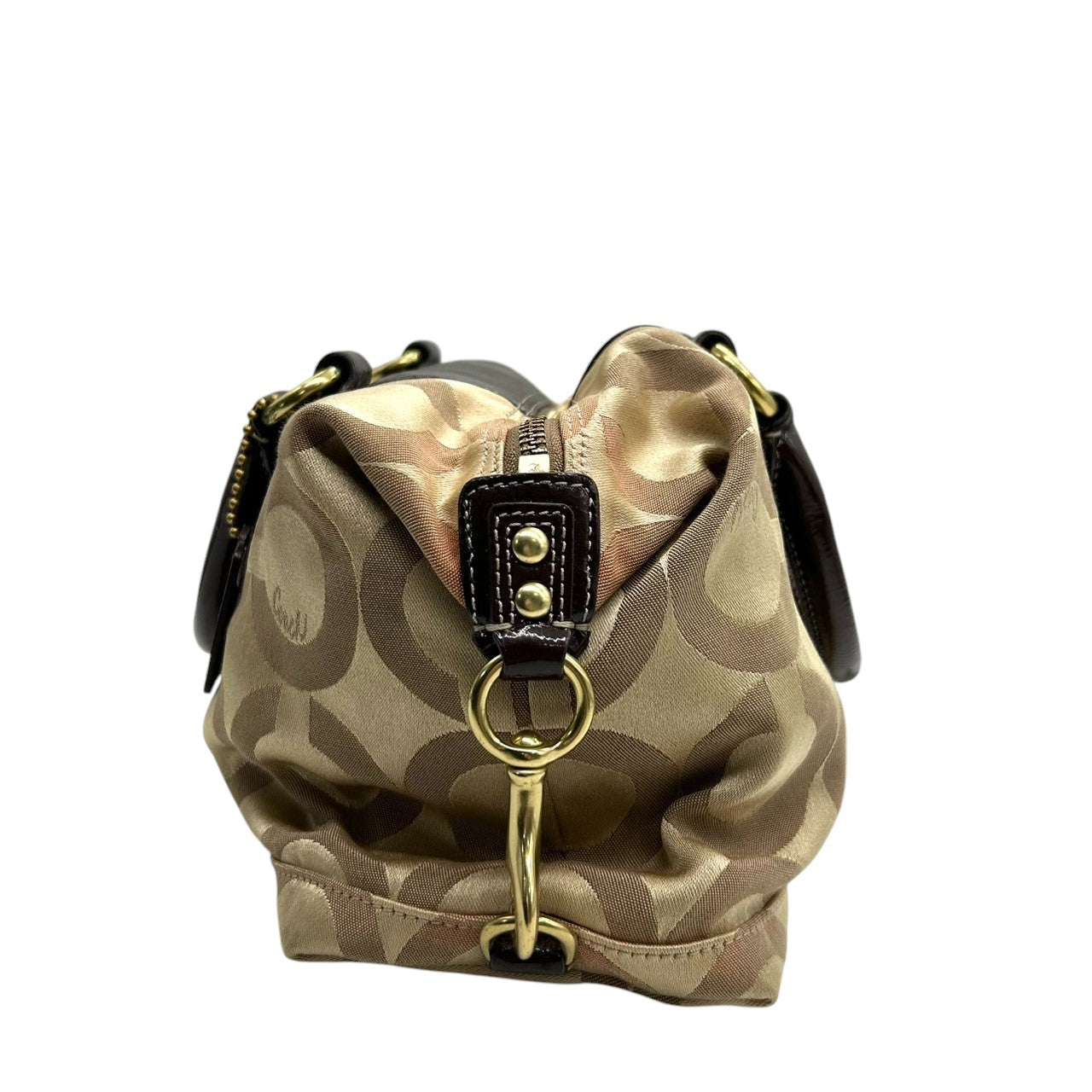 コーチ COACH ハンドバッグ ミニボストン サッチェル シグネチャー オプアート キャンバス パテント レザー ブラウン ベージュ レディース ゴールド金具 ロゴ エレガント フェミニン クラシック コンパクト s80