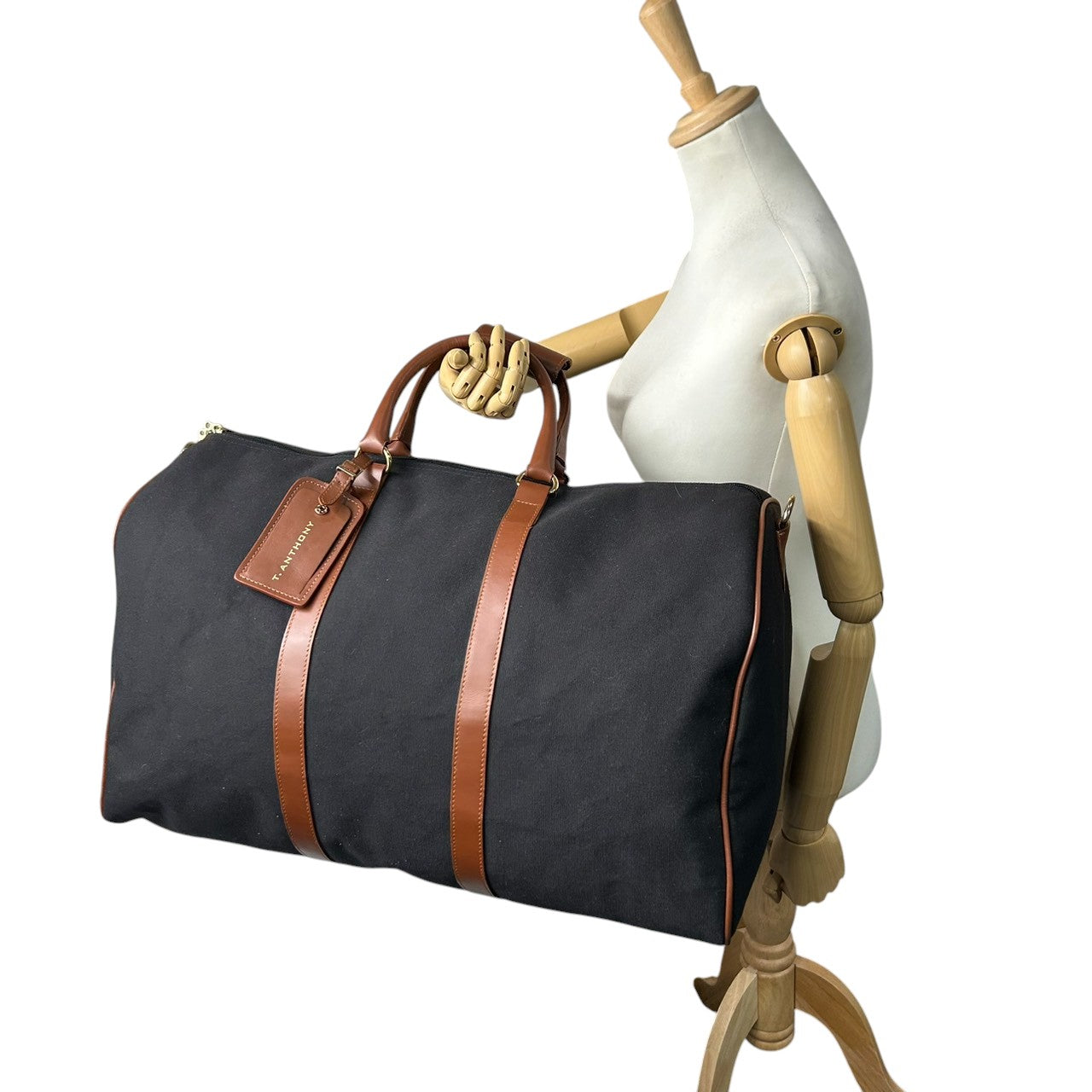 【美品】ティーアンソニー ボストンバッグ 2WAY ショルダーバッグ 斜め掛け可 大容量 旅行鞄 トラベル キャンバス レザー ブラック ブラウン メンズ レディース ユニセックス 出張 ゴルフ クラシック エレガント ネームタグ付き X3