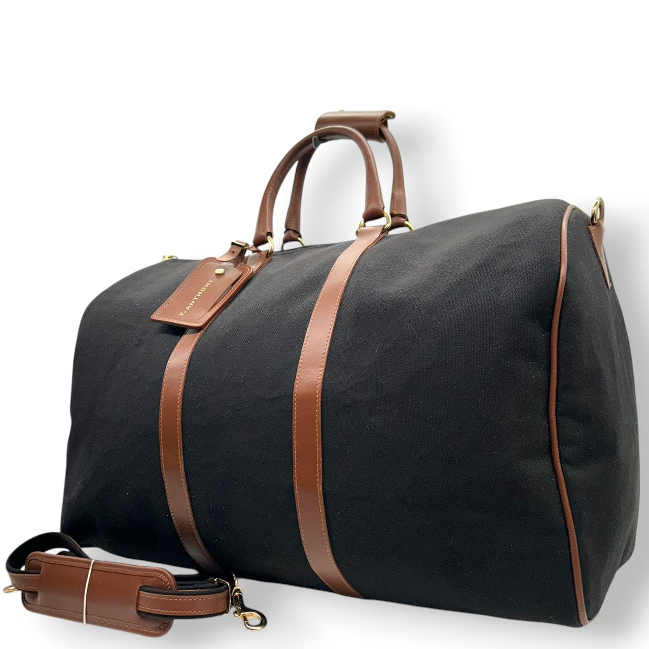 【美品】ティーアンソニー ボストンバッグ 2WAY ショルダーバッグ 斜め掛け可 大容量 旅行鞄 トラベル キャンバス レザー ブラック ブラウン メンズ レディース ユニセックス 出張 ゴルフ クラシック エレガント ネームタグ付き X3