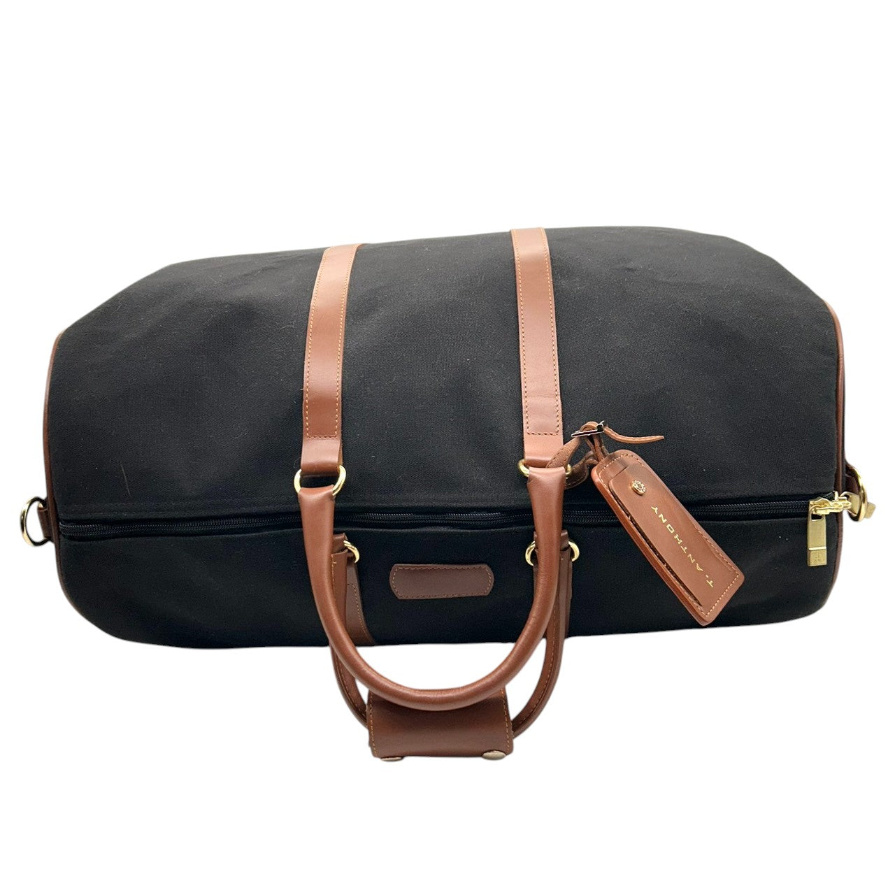 【美品】ティーアンソニー ボストンバッグ 2WAY ショルダーバッグ 斜め掛け可 大容量 旅行鞄 トラベル キャンバス レザー ブラック ブラウン メンズ レディース ユニセックス 出張 ゴルフ クラシック エレガント ネームタグ付き X3