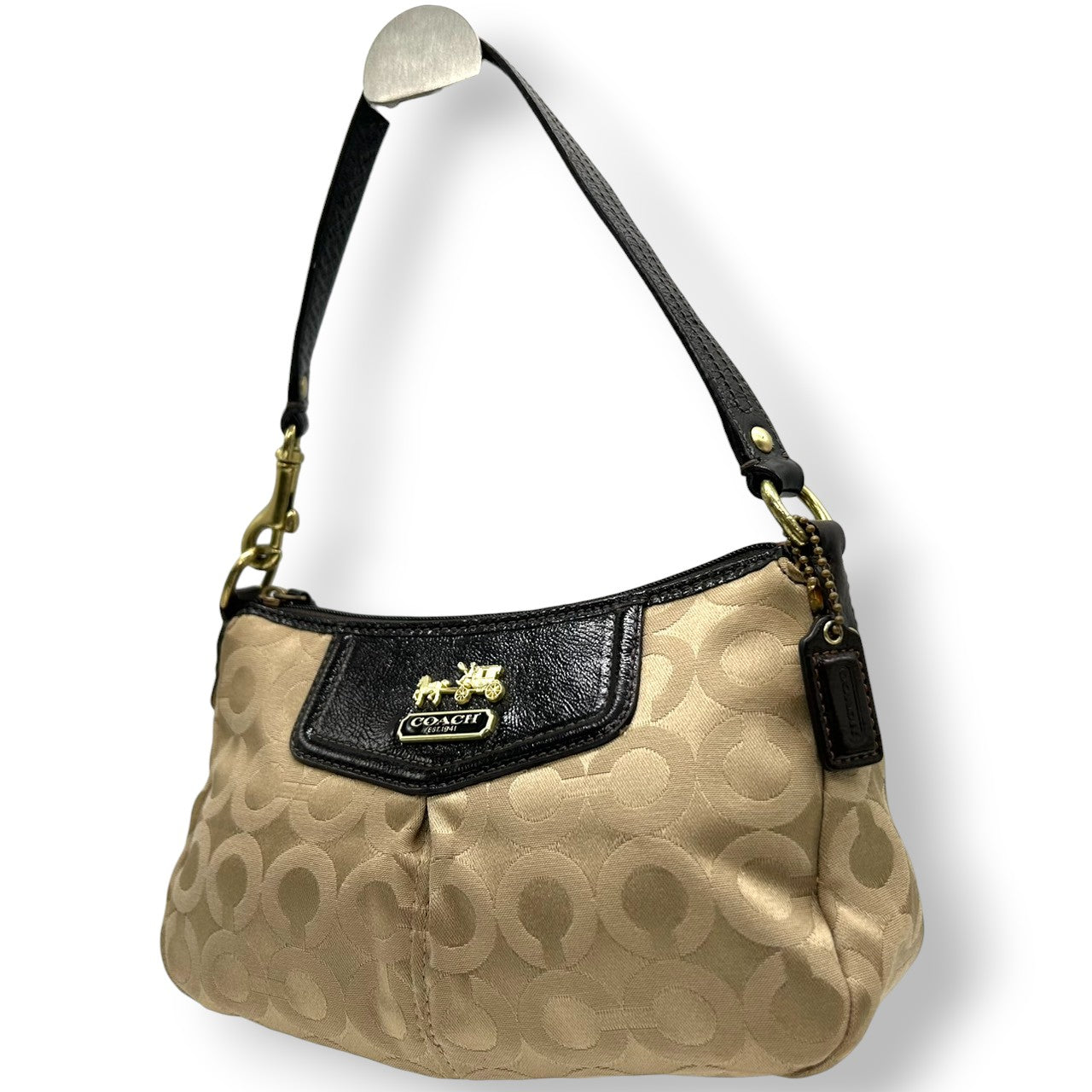 コーチ COACH ハンドバッグ アクセサリーポーチ ワンショルダー 43265 オプアート シグネチャー キャンバス パテント レザー ベージュ ダークブラウン レディース ホース&キャリッジ ゴールド金具 フェミニン エレガント クラシック s80