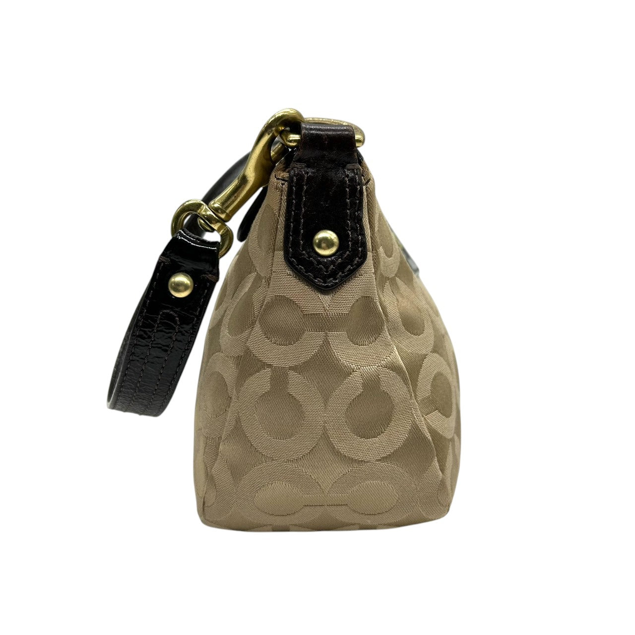 コーチ COACH ハンドバッグ アクセサリーポーチ ワンショルダー 43265 オプアート シグネチャー キャンバス パテント レザー ベージュ ダークブラウン レディース ホース&キャリッジ ゴールド金具 フェミニン エレガント クラシック s80