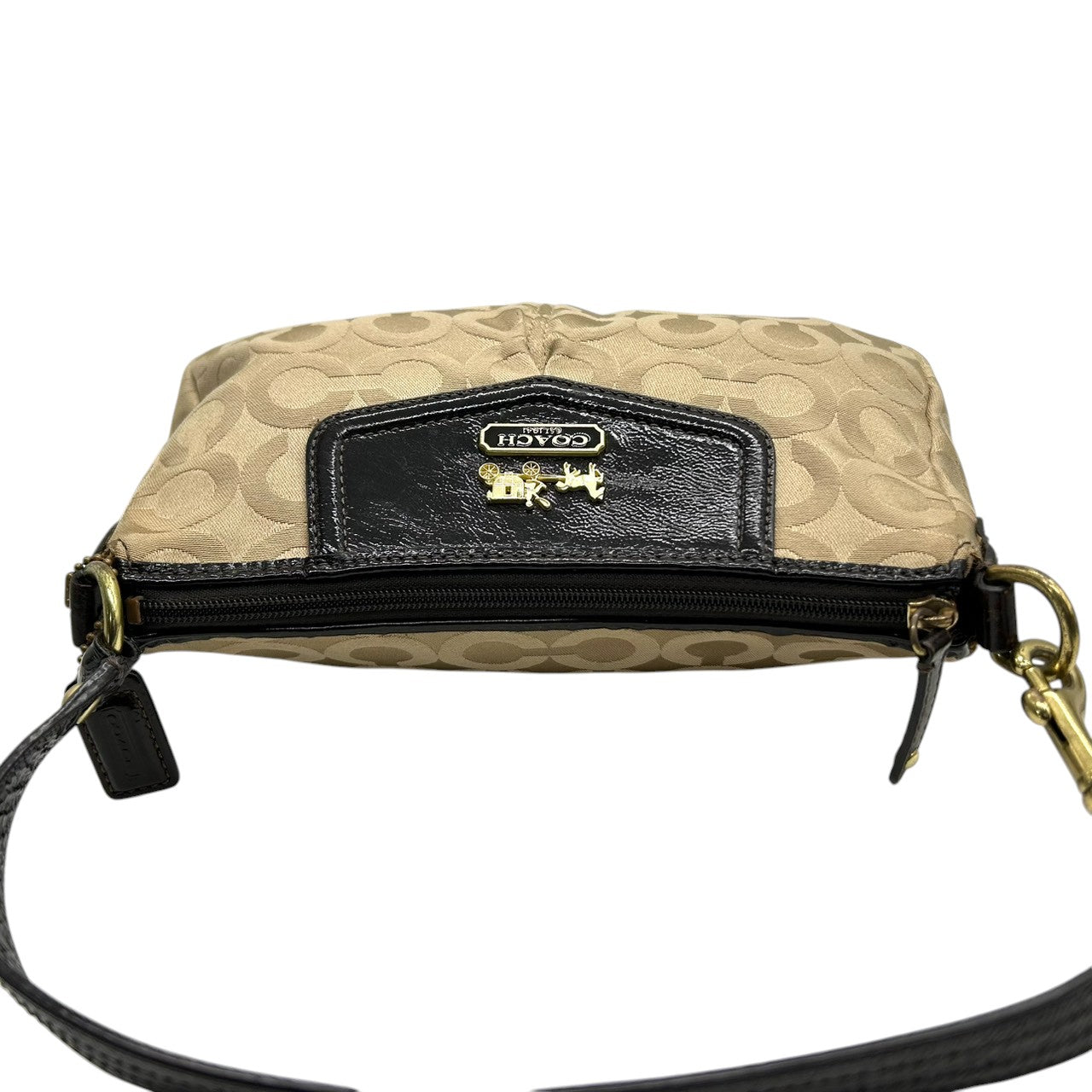 コーチ COACH ハンドバッグ アクセサリーポーチ ワンショルダー 43265 オプアート シグネチャー キャンバス パテント レザー ベージュ ダークブラウン レディース ホース&キャリッジ ゴールド金具 フェミニン エレガント クラシック s80