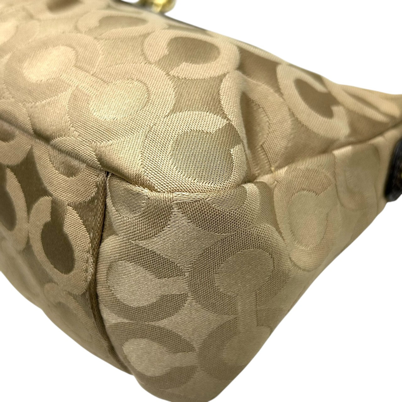 コーチ COACH ハンドバッグ アクセサリーポーチ ワンショルダー 43265 オプアート シグネチャー キャンバス パテント レザー ベージュ ダークブラウン レディース ホース&キャリッジ ゴールド金具 フェミニン エレガント クラシック s80