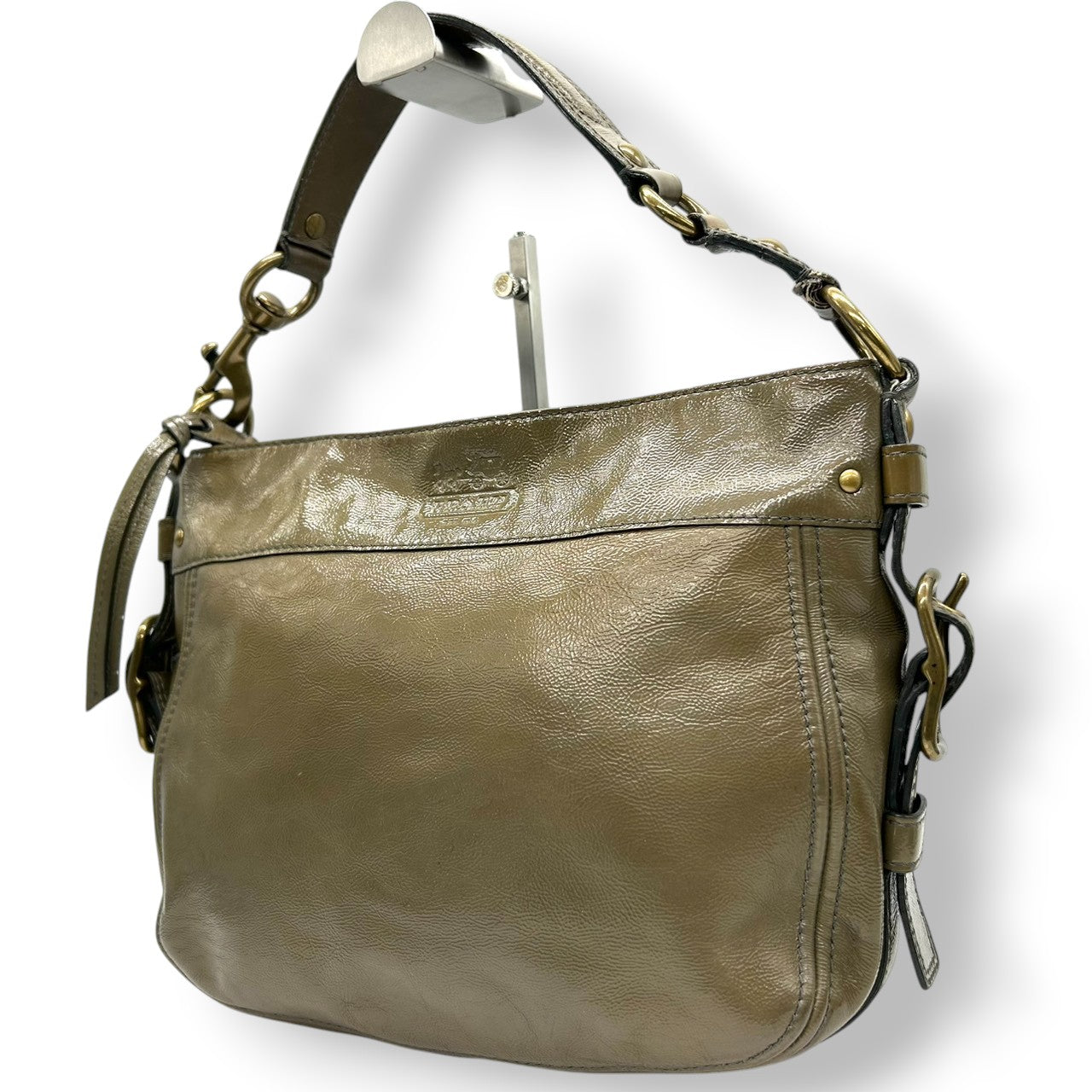 【美品】コーチ COACH ゾーイ ショルダーバッグ ワンショルダー ハンドバッグ F0873-12735 パテントレザー エナメル カーキ グリーン レディース ゴールド金具 エレガント クラシック カジュアル 通勤 通学 U3