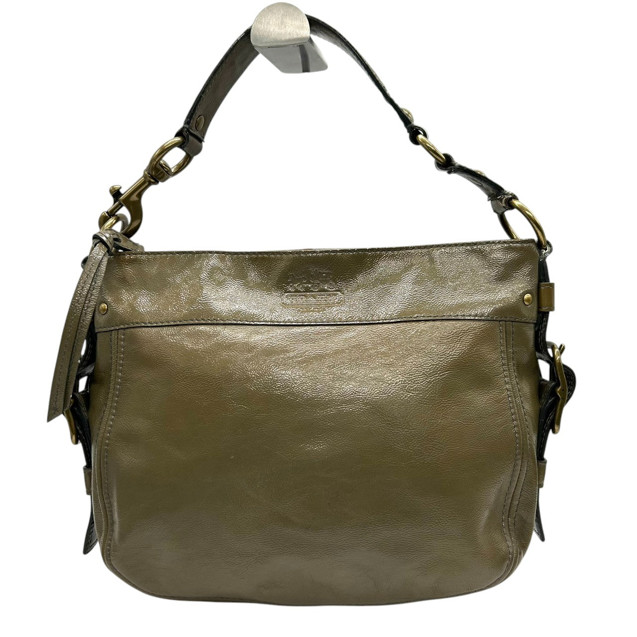 【美品】コーチ COACH ゾーイ ショルダーバッグ ワンショルダー ハンドバッグ F0873-12735 パテントレザー エナメル カーキ グリーン レディース ゴールド金具 エレガント クラシック カジュアル 通勤 通学 U3